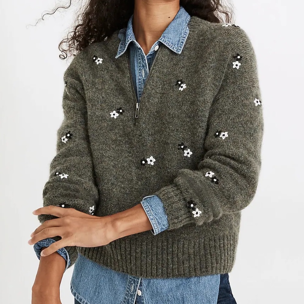 EUC Madewell Embroidered Enfield Half-Zip Sweater  - SMALL